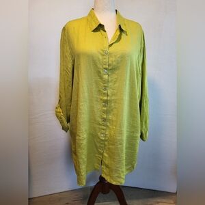 Tahari 100% Linen Chartreuse Green Button Up Tunic NWOT 3X